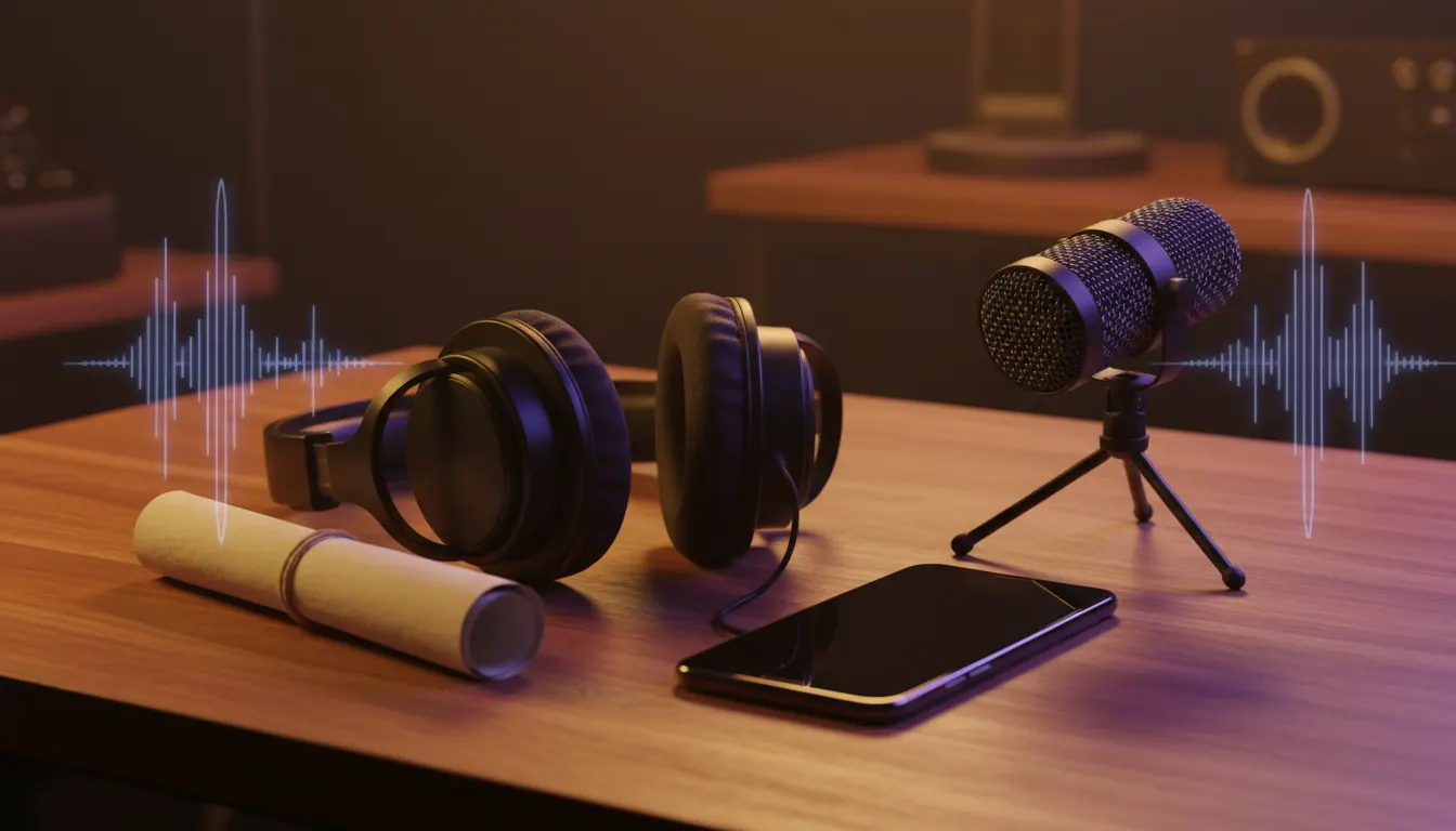 Headphones, microphone and a phone on a desk for AI Voice Generator vs text to speech