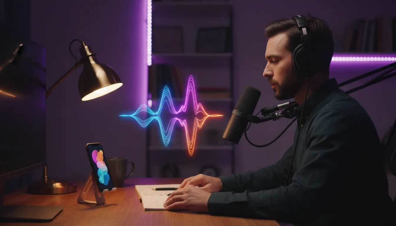 Creator at a home desk using the Echo AI Voice Generator app for a voiceover