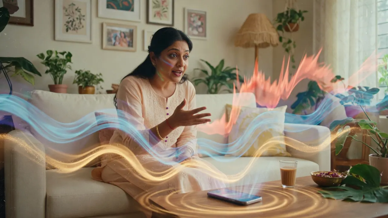 Expressive speaker with colorful emotion sound waves from an AI voice generator - Echo