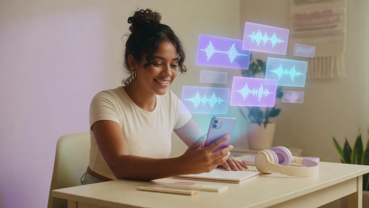 Creator browsing saved AI voiceovers in a playlist on a phone - Echo AI Voice Generator