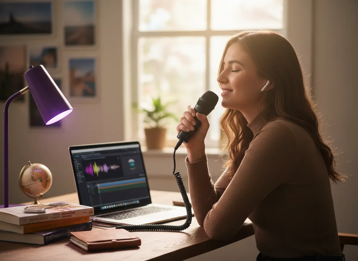 Creator recording a YouTube voiceover with AI text to speech - Echo AI Voice Generator