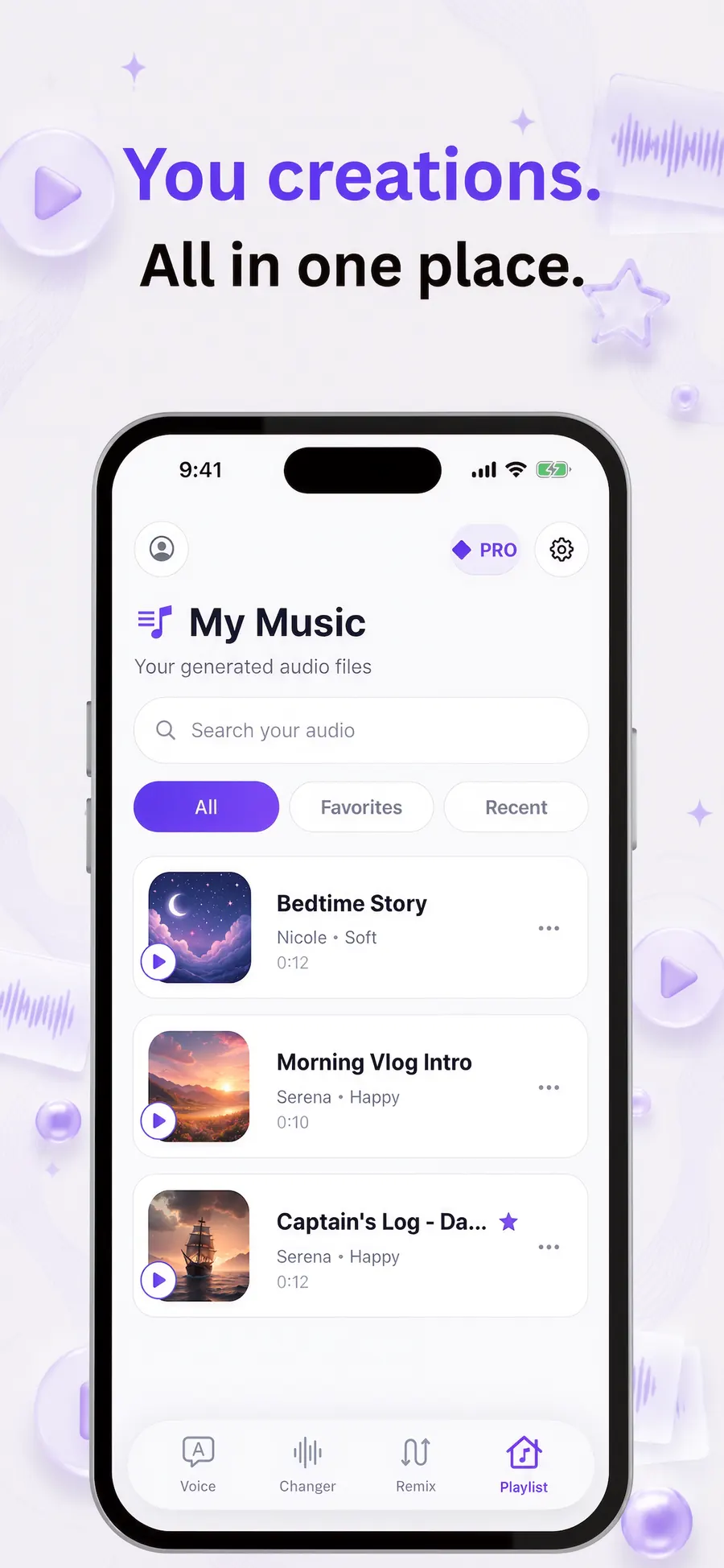 AI Voice Generator app playlist of saved voiceovers on iPhone